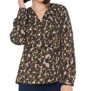 Belle by Kim Gravel Top Size Medium Olive Camo Print Blouse Long Sleeve Crossove